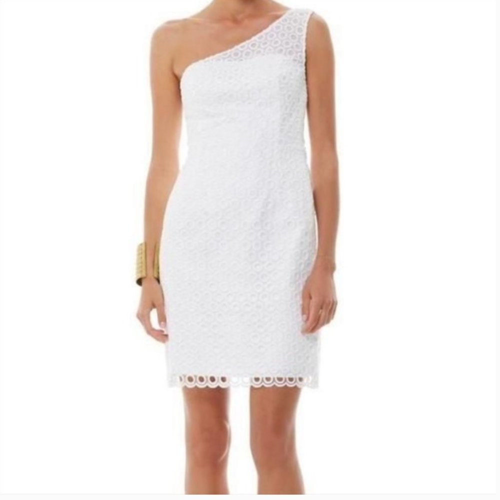 Lilly Pulitzer one-shoulder white eyelet knee-length dress, sz 4, NWT